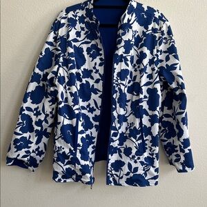 Quacker Factory Zip Front Embellished Reversable Jacket Royal Blue/White Floral